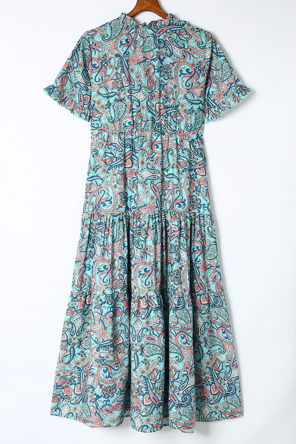 Himmelblaues paisley print boho holiday ruffle tiered maxi dress