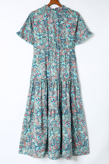 Himmelblaues paisley print boho holiday ruffle tiered maxi dress