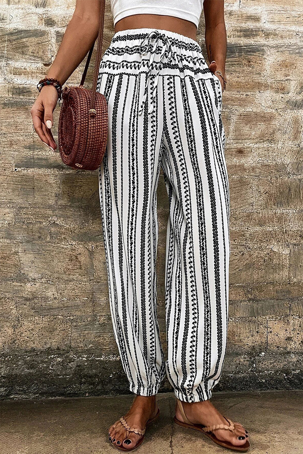 Zwart gestreepte boho gestreepte print casual broek