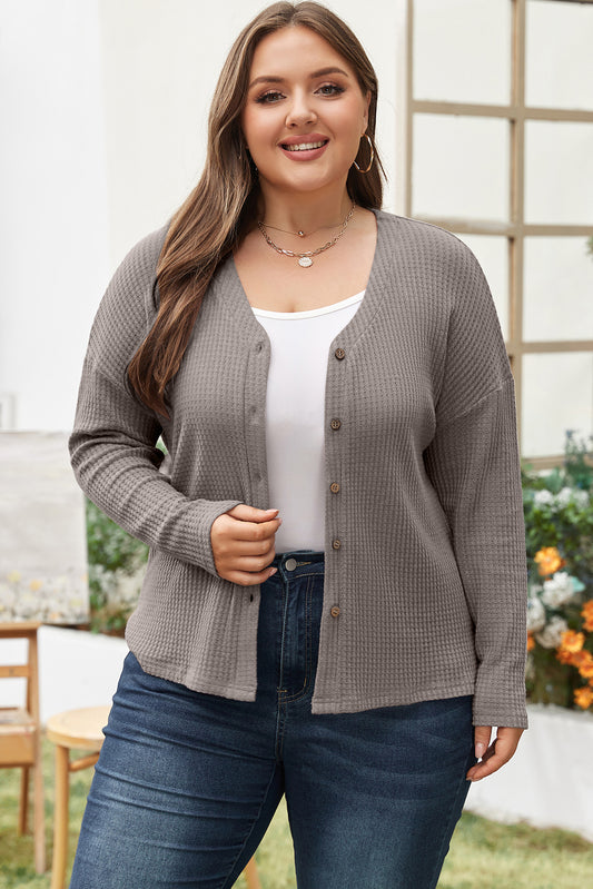 Simply taupe waffle knit drop shoulder knopf v-ausschnitt plus größe top