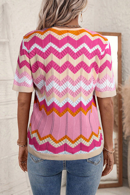 Rosa streifen chevron pointelle stricken v hals kurzarm pullover