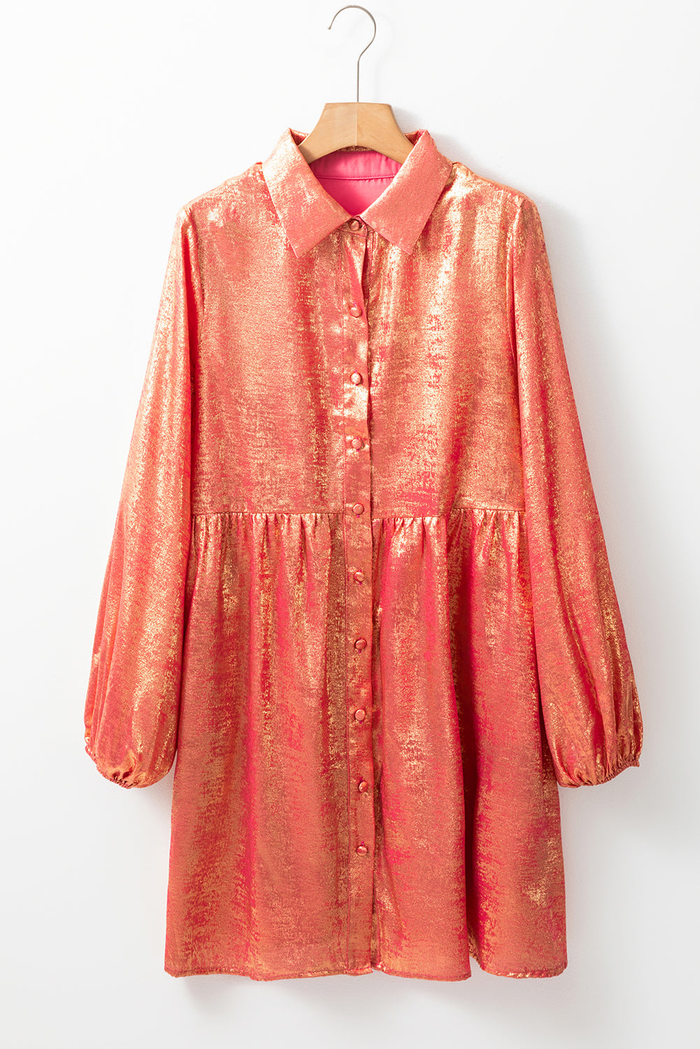 Peach Blossom Metallic Sheen puff mouwen knopen mini -shirtjurk