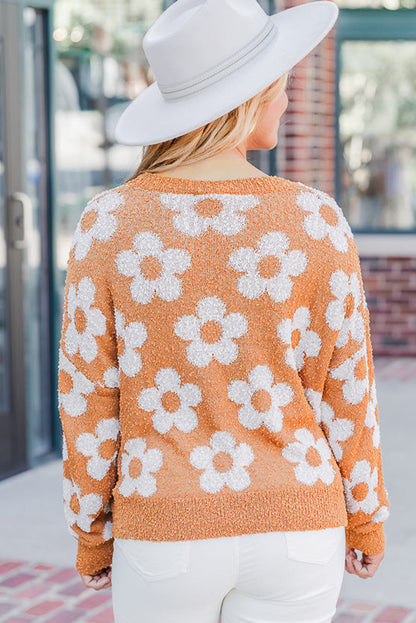 Grapefruit orange fuzzy floral gestrickter pullover mit hängenden schultern