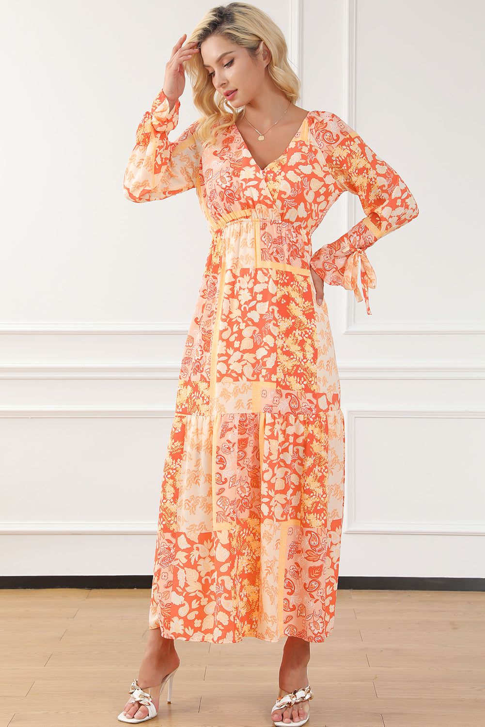 Orange boho floral wrap v neck tie langarmkleid