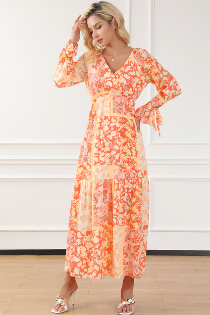 Orange boho floral wrap v neck tie langarmkleid