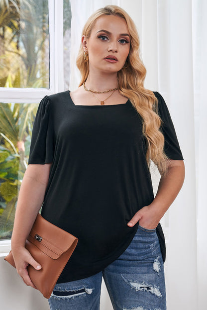 Schwarzes plus size quadratischer hals geraffte schulter kurzarm top