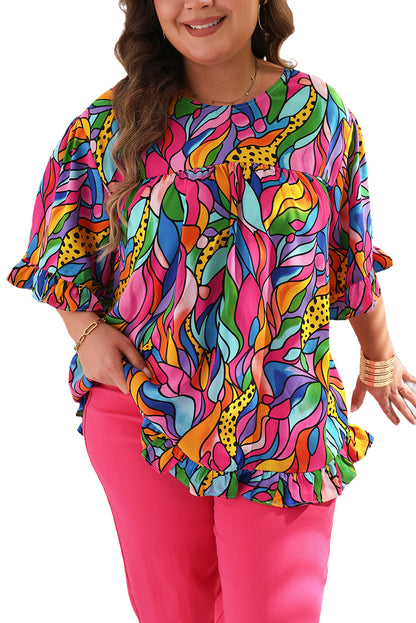 Abstrakter rosendruck plus size bluse mit rüschenbesatz