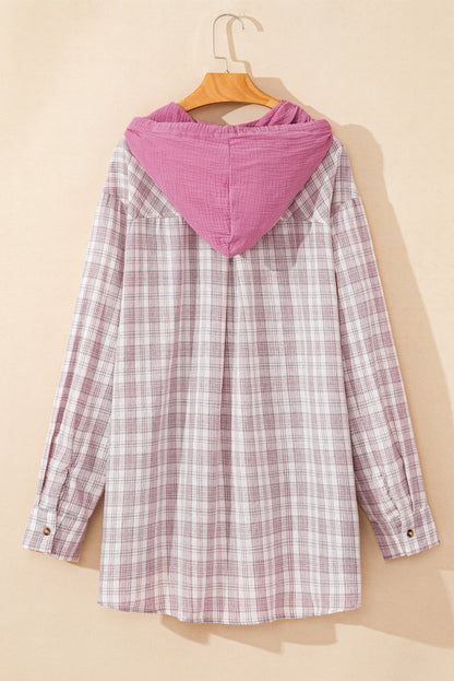 Bonbon plaid druck kordelzug mit kapuze button-up plus größe shirt