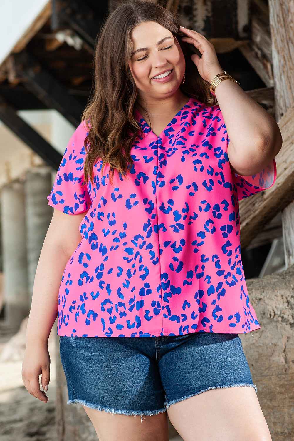 Rose contrast leopard print plus size v-ausschnitt bluse