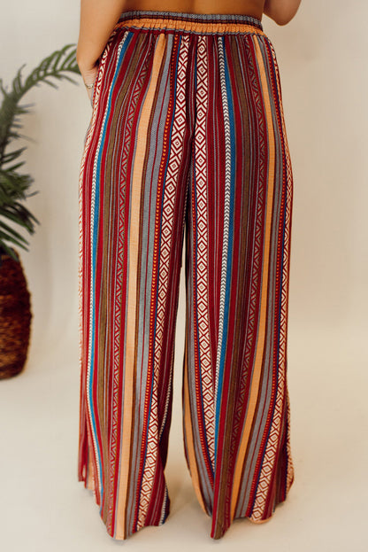 Rote boho ethnostreifen print krawatte taille weites bein hose