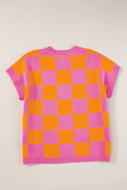 Strawberry Pink Colorblock Plaid Patroon geribbelde trim trui tank top