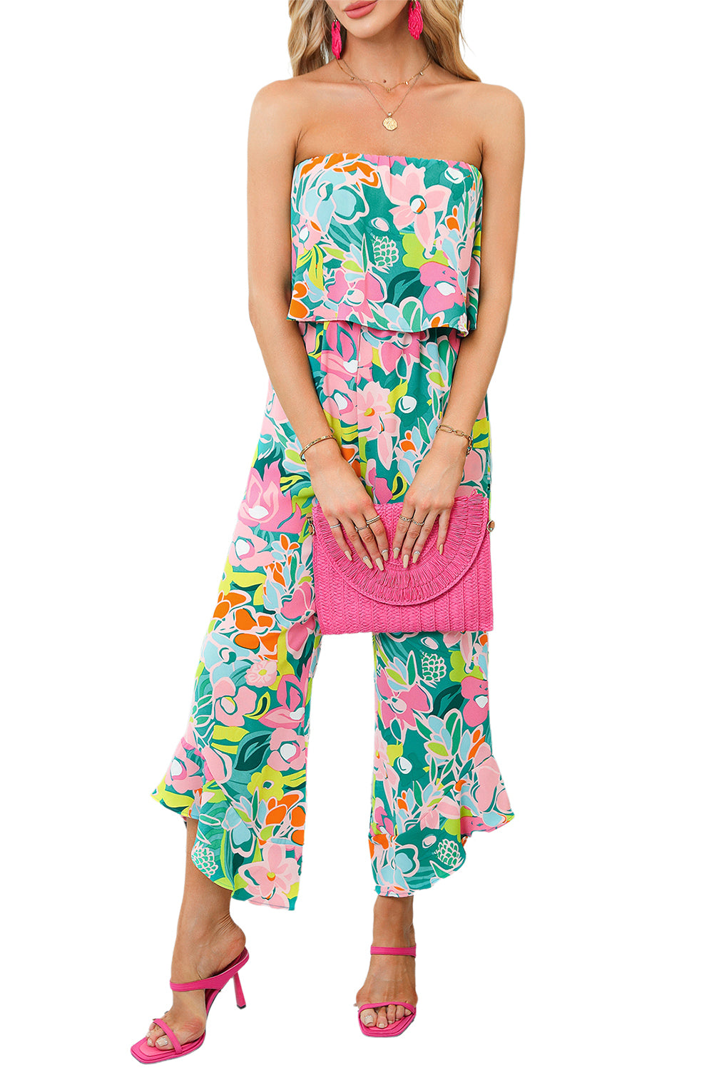 Groene mix tropische printservice verwezen jumpsuit