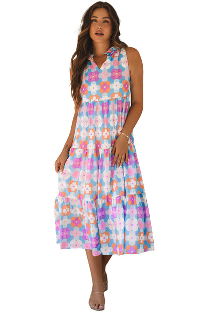 Sky Blue Floral Print Frilly Neck Sleeveless Tiered Maxi Dress