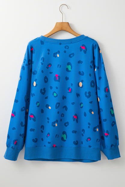 Himmelblau leopard gerippt rand drop shoulder pullover sweatshirt