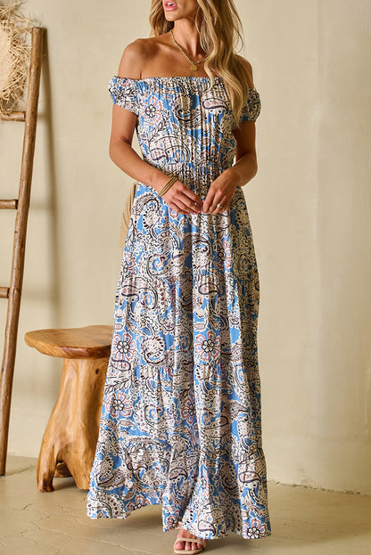 Blue Boho Paisley Print Schouder -Vrije maxi -jurk