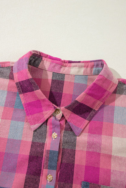 Rose stripe plus size checkered print button up shirt