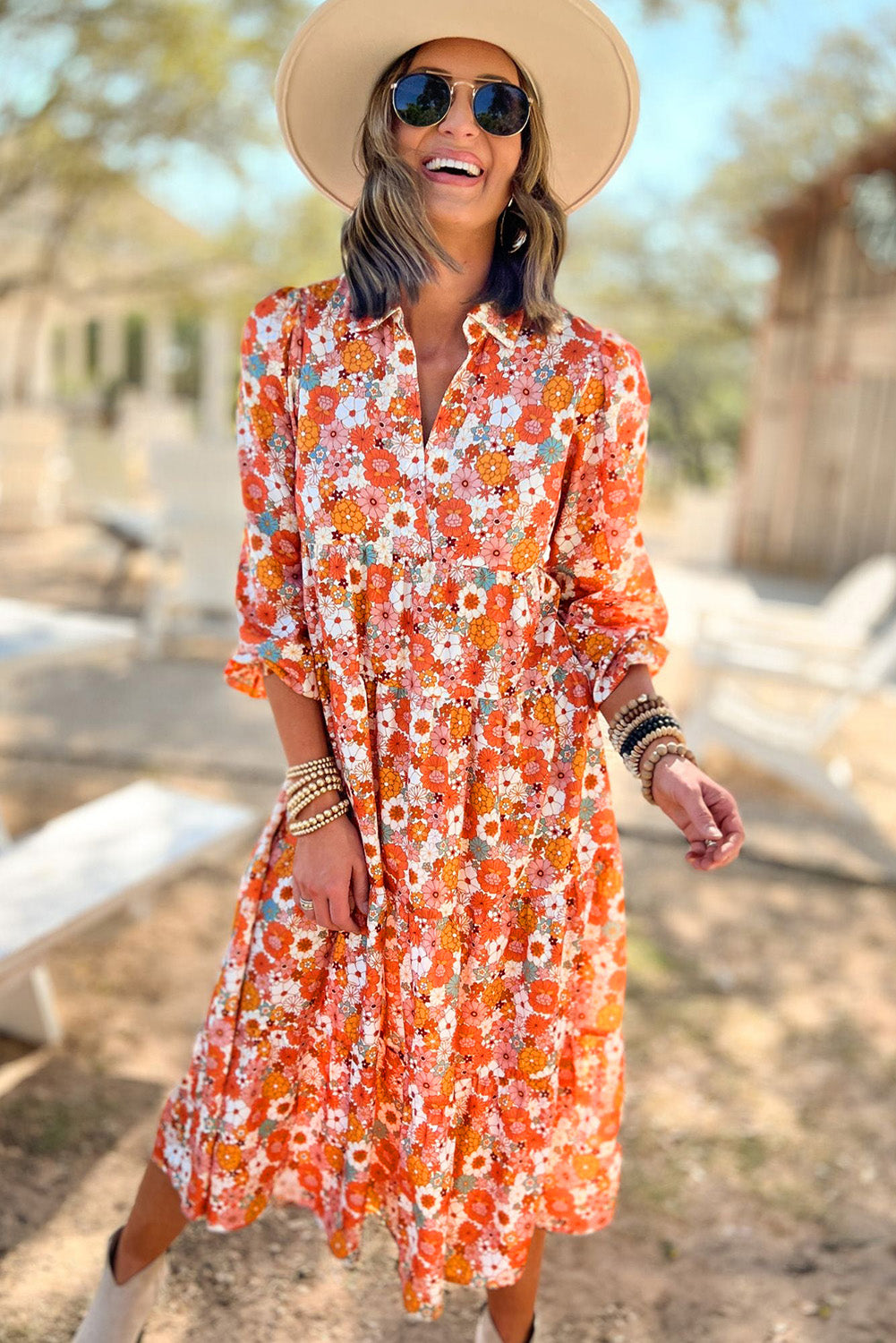 Multicolor Boho Floral Collared Long -Sleeveved, Roted Dress