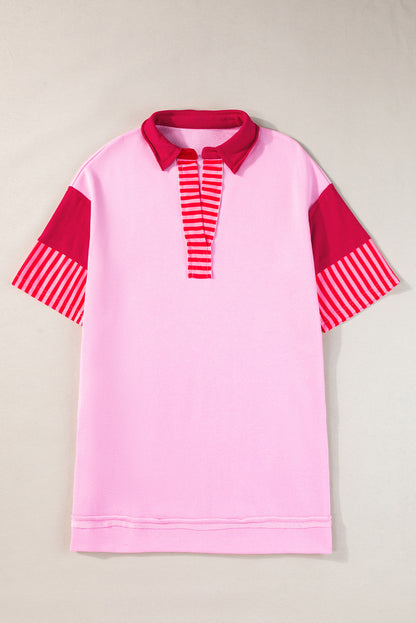 Roze strepen kleurblok patchwork korte mouwen t-shirt jurk