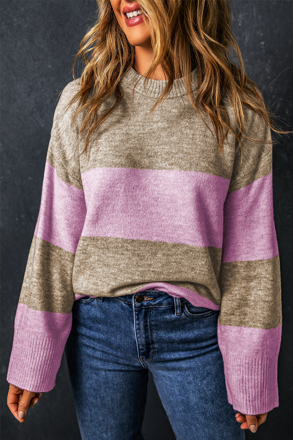 Rosa streifen rundhalsausschnitt mit weiten ärmeln colorblock pullover