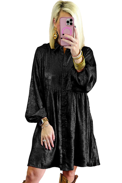 Zwarte metallic Gloss Puff Sleeve Button Up Mini Shirt Dress