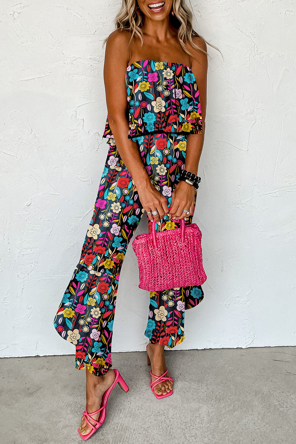 Red Mix Tropical Print Service verwezen jumpsuit