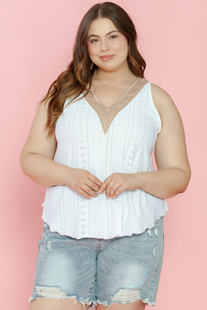 Weißes plus size guipure v hals öse spitze tank top