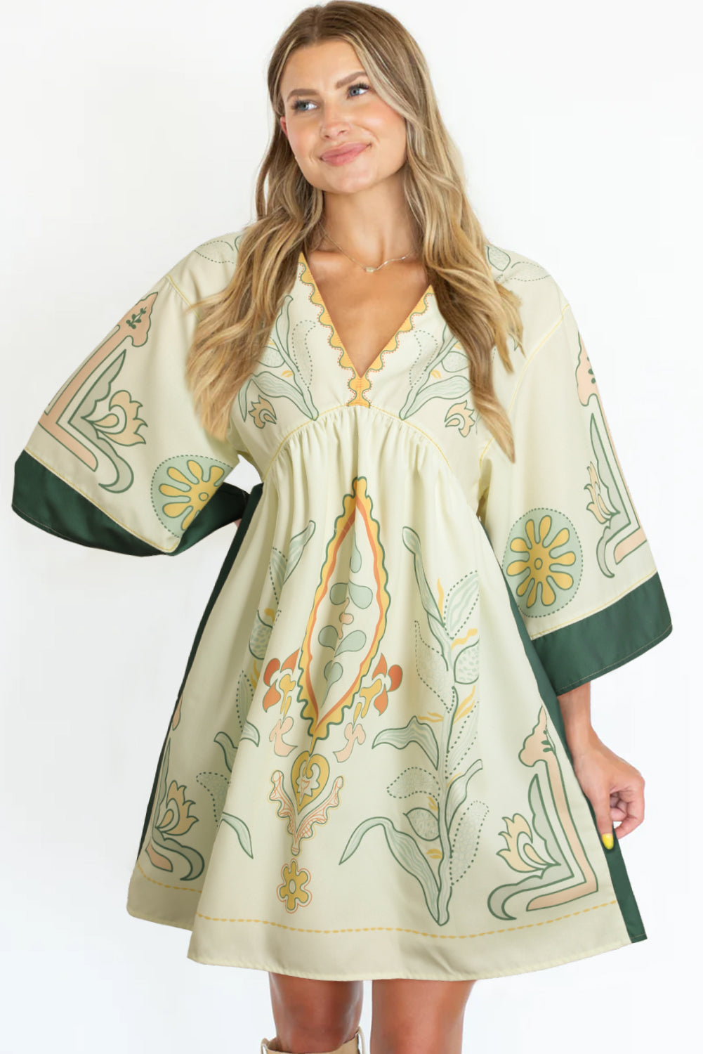 Mehrfarbiges boho print v-ausschnitt empire-taille kurzes kimono-kleid