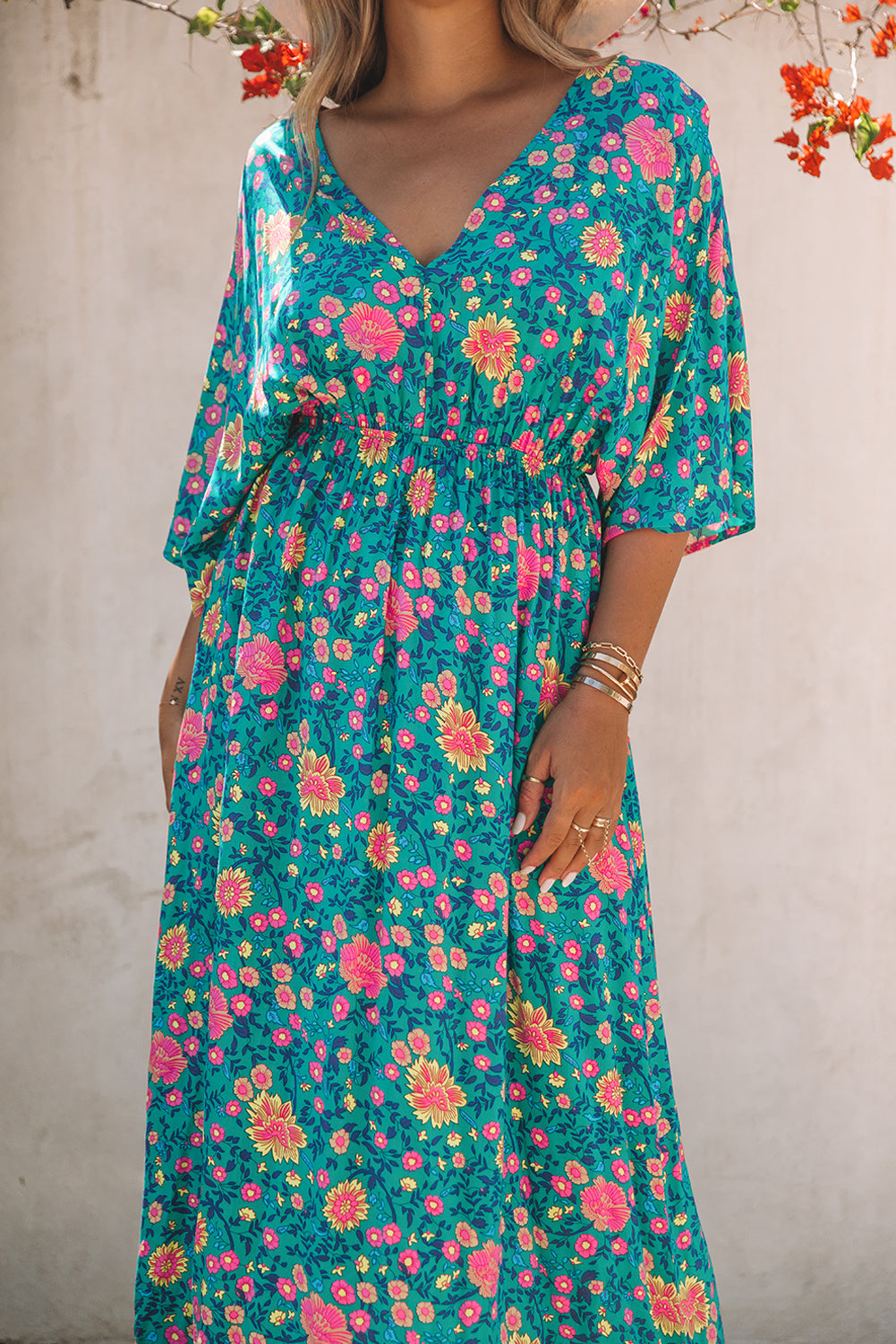 Green Boho Maxikleid met een diep V-hals en bloempatroon