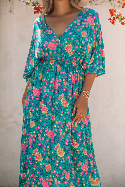 Green Boho Maxikleid met een diep V-hals en bloempatroon