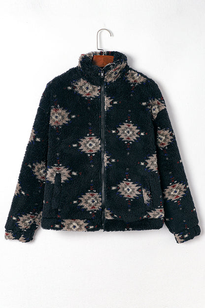 Schwarzes aztekenmuster sherpa jacke mit reißverschluss und kragen