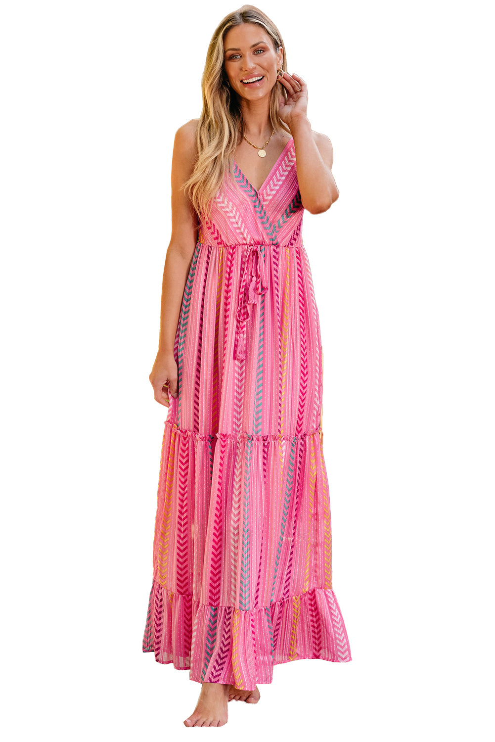 Rosa western bedruckte quaste krawatte v-ausschnitt wrap maxi kleid