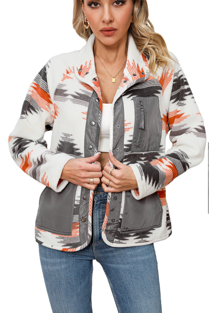 Multi -colored Aztec Fleece Patchwork Jacket met drukknoppen