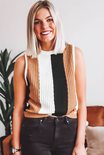 Khaki stripe color block ärmelloser strickpullover vest