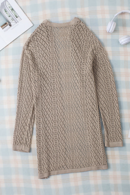 Rauchgrauer pointelle-strickcardigan mit offener vorderseite