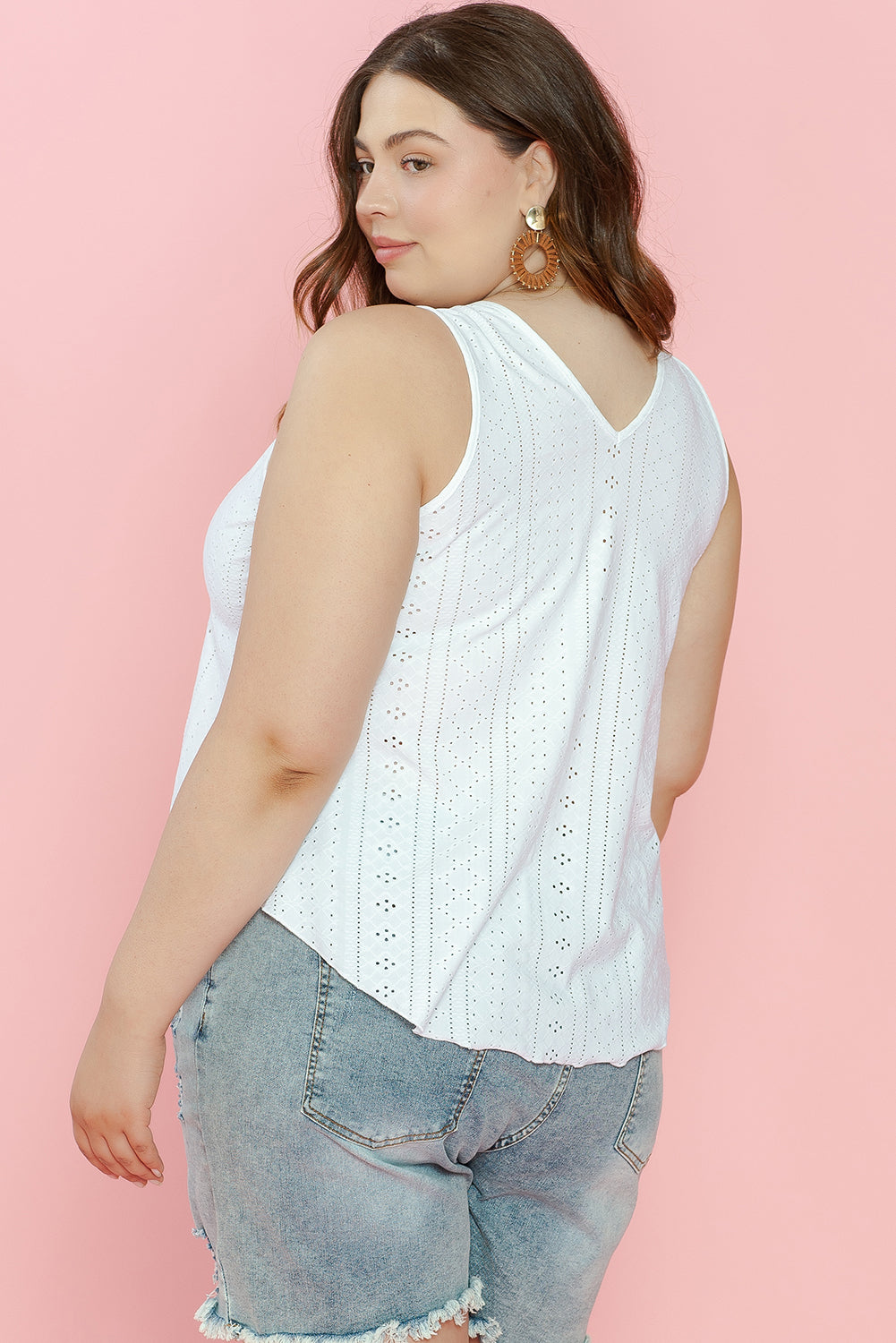 Weißes plus size guipure v hals öse spitze tank top