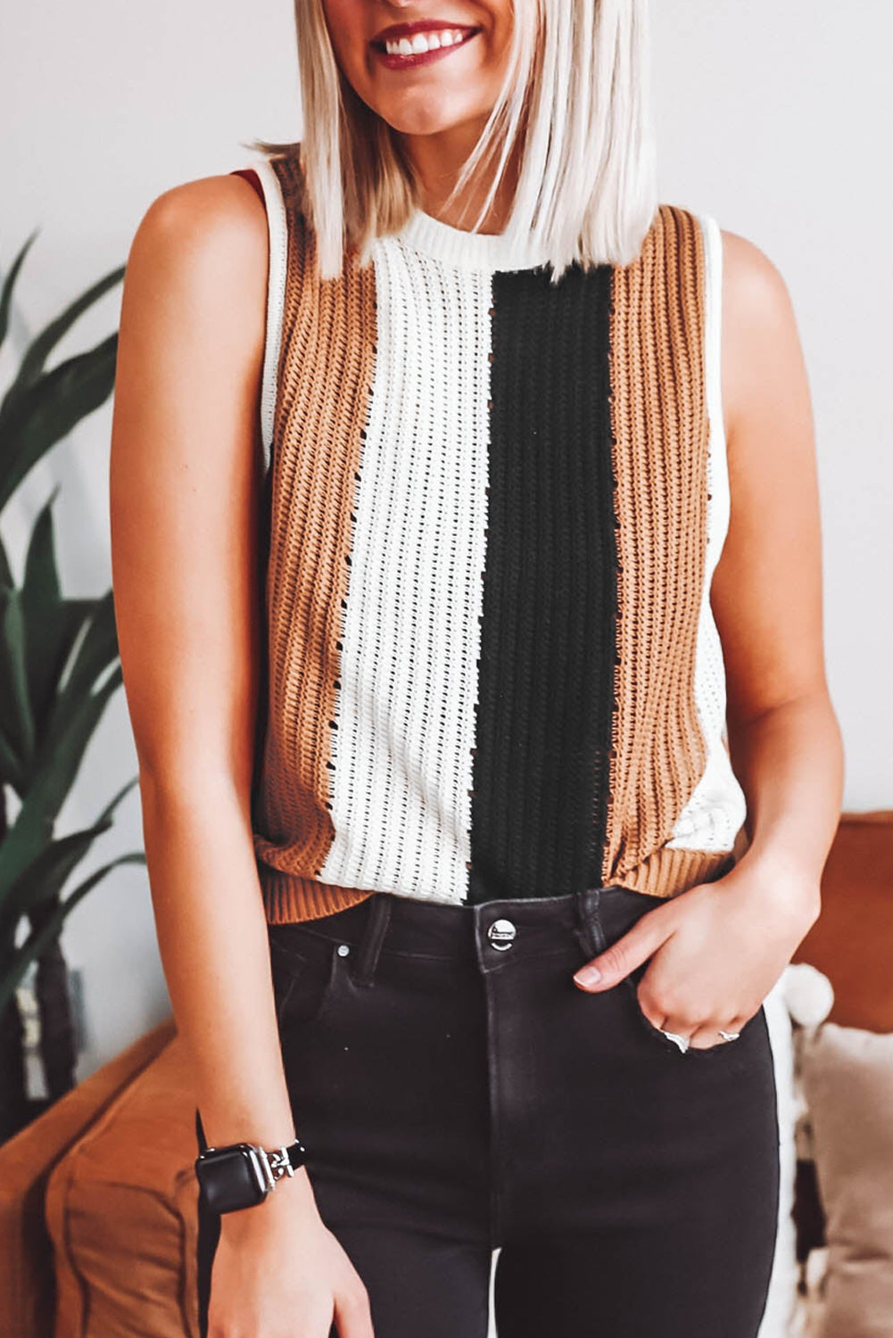 Khaki stripe color block ärmelloser strickpullover vest