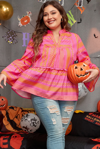 Vitality orange plus size geometrisch bestickt glocke ärmel babydoll bluse