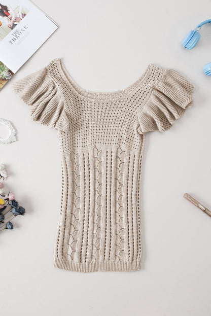 Beige pointelle-strickpullover mit flatterärmeln