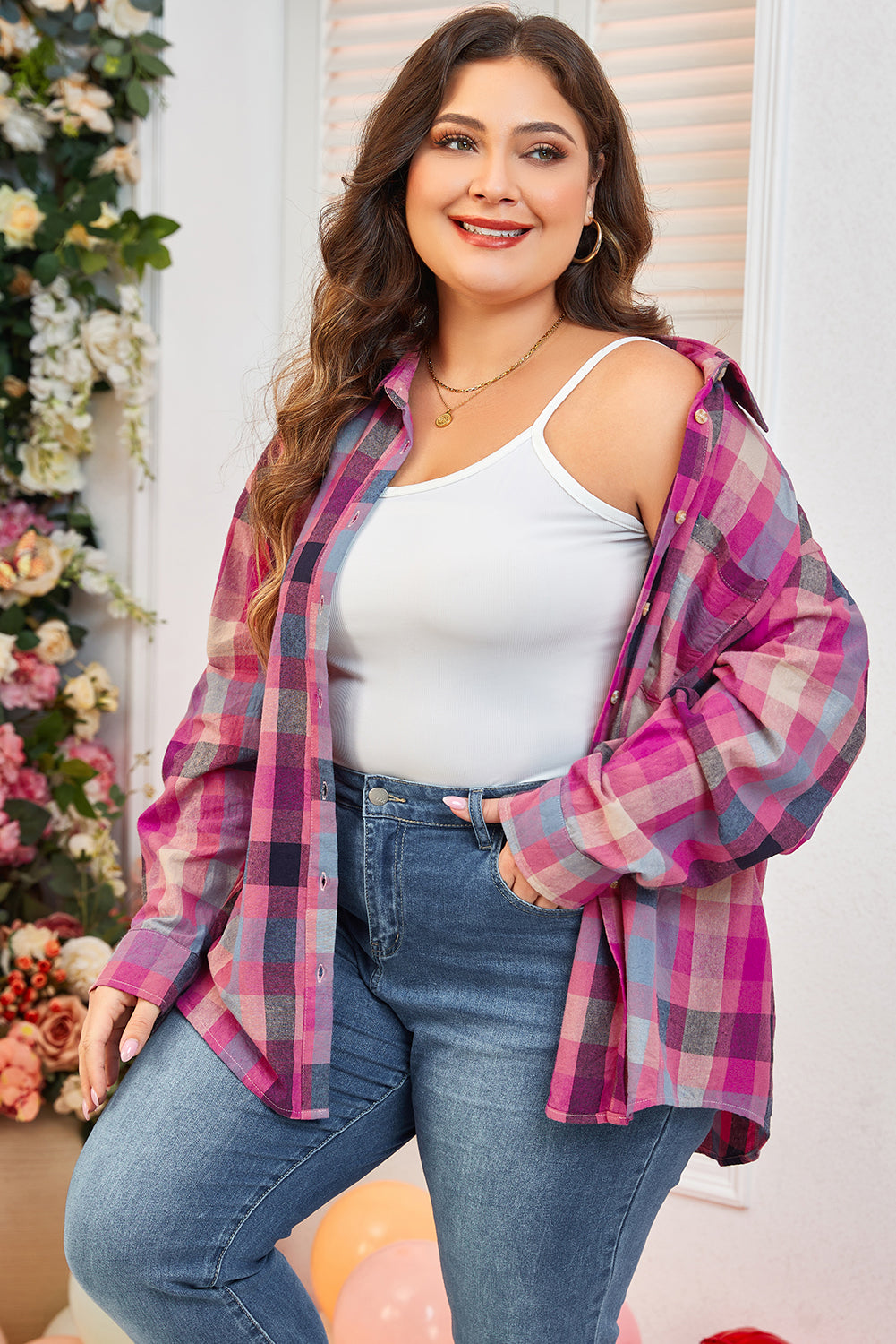 Rose stripe plus size checkered print button up shirt