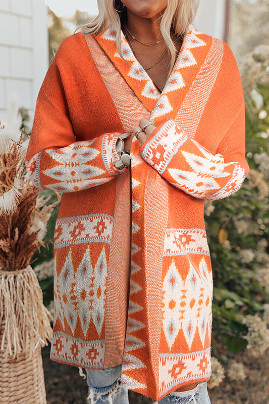 Orange bedruckte azteken-strickjacke mit offener vorderseite