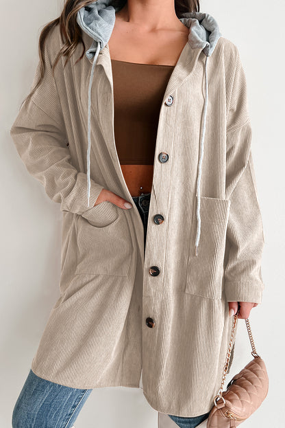 Beige oversized corduroy jacket with contrasting hood