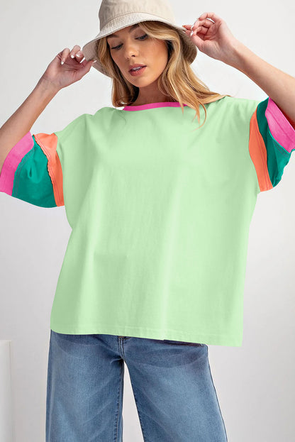 Groene kleurblok stikbare mouwen cirkelvormige halslijn oversized top