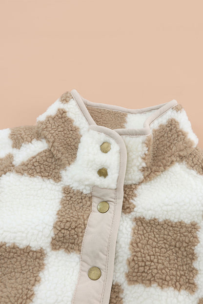 Braun karierte sherpa-jacke mit druckknopf