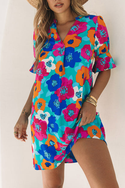 Multicolor split v kragen ruffle sleeve floral shift dress