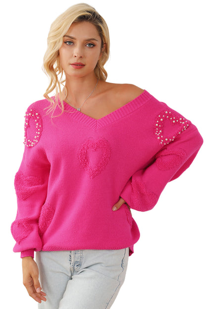 Rose Red, Pearl Decorated Sweater met een V-Neck en Fluffy Heart