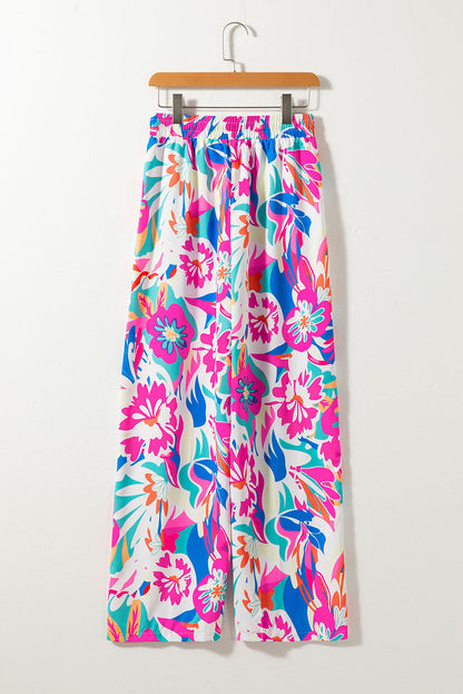 Roze boho boho bloem printbroek met wijd been