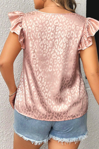 Rosa plus größe leopard druck geraffte flatterärmel satin bluse