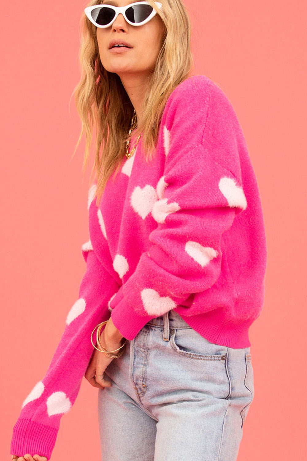 Leuchtend rosa fuzzy valentine hearts drop shoulder pullover