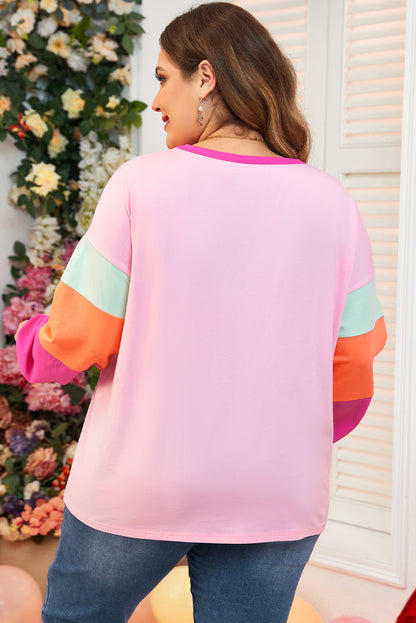 Rosa colorblock patchwork langarm top in übergröße