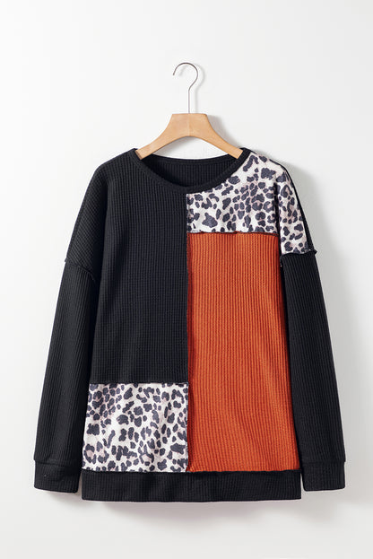 Schwarz orange colorblock leopard patchwork waffel stricken plus größe top